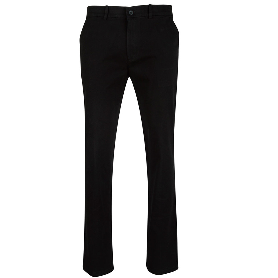 Black slim fit stretch chino pants with flat front panel and classic button closure