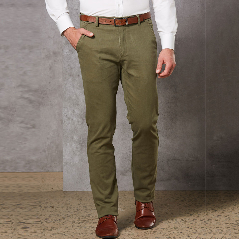 Olive green slim fit stretch chino pants with front pockets and belt loops