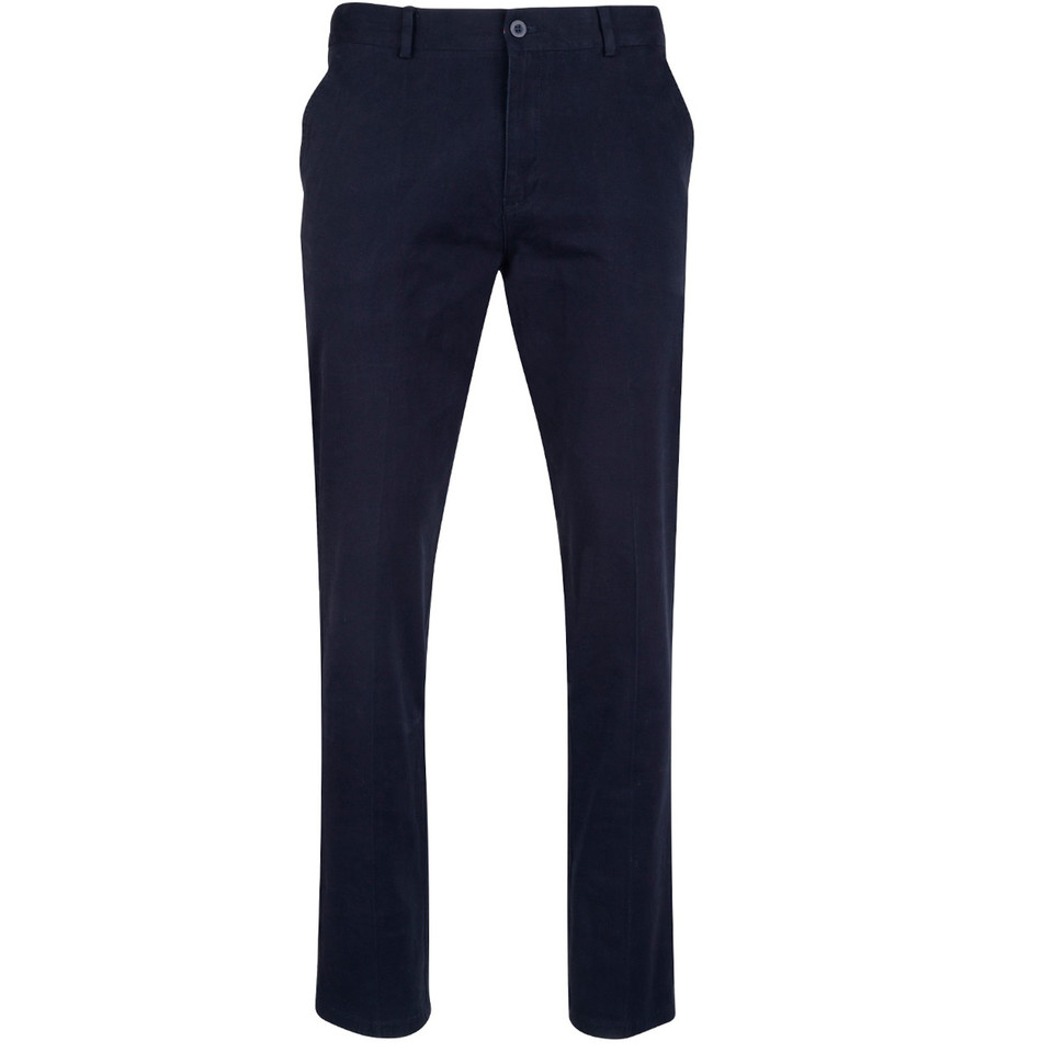 Navy slimfit stretch chino pants with button fly closure and front pockets