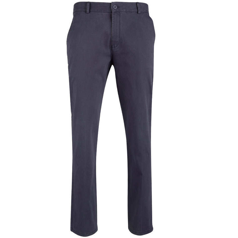 Charcoal grey slimfit stretch chino pants with flat front panel and button fly closure