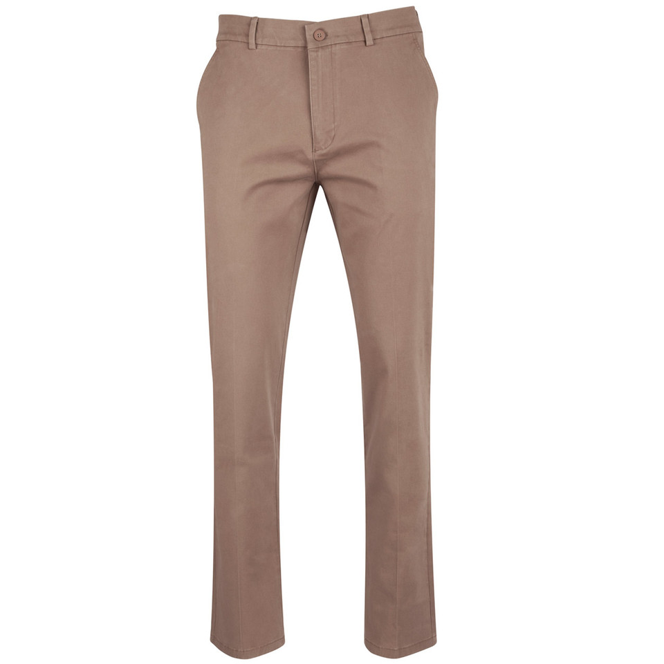Taupe slim fit chino pants with button closure and front pockets on white background