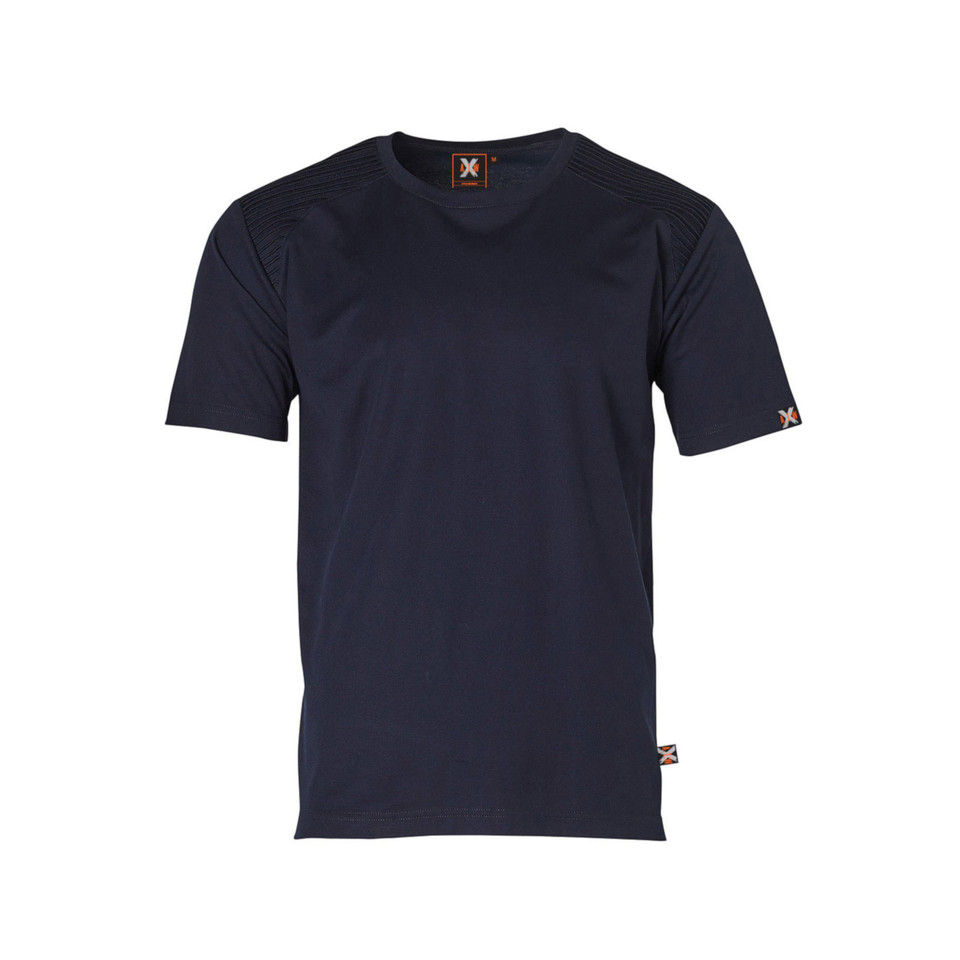 Navy crew neck t-shirt with shoulder stitching detail and short sleeves on white background