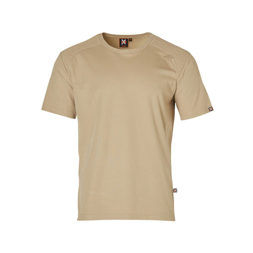 Sand coloured TrueDry t-shirt with ribbed shoulder stitching detail and crew neckline