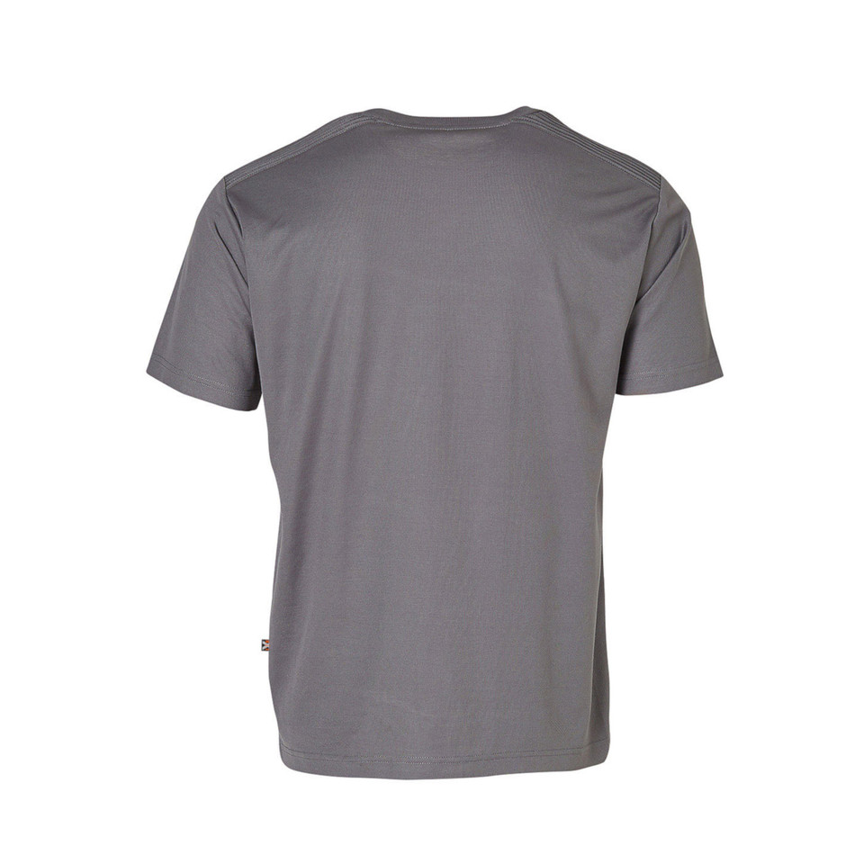 Charcoal grey crew neck t-shirt with shoulder stitching detail and short sleeves