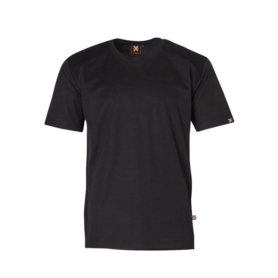 Black short sleeve crew neck t-shirt with clean flat chest panel for decoration