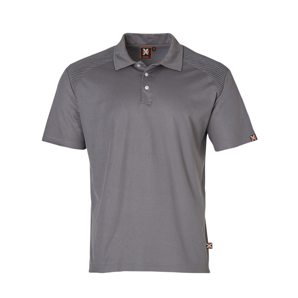 Charcoal grey polo shirt with ribbed shoulder stitching detail and three-button placket