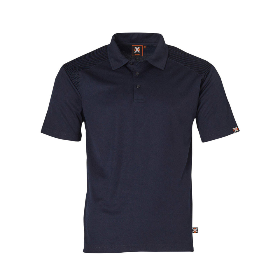 Navy blue polo shirt with shoulder panel stitching and contrast collar detail