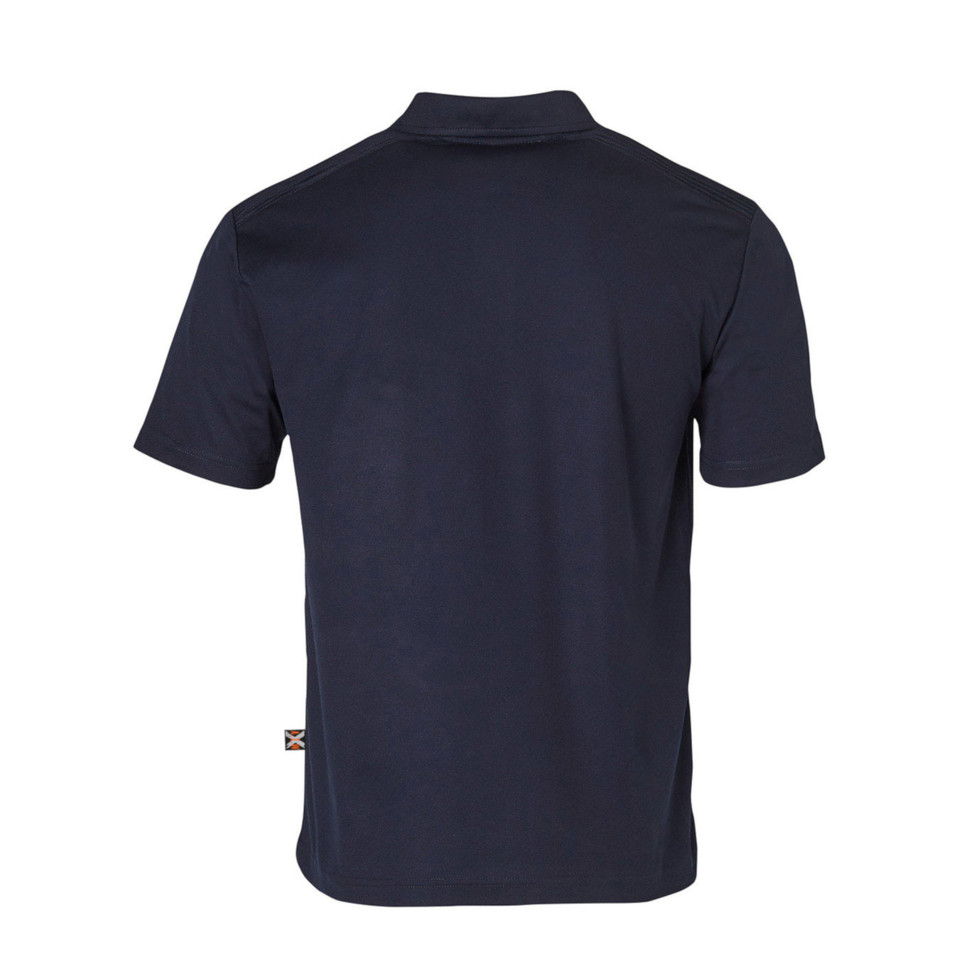 Navy polo shirt back view with ribbed collar and shoulder panel stitching detail