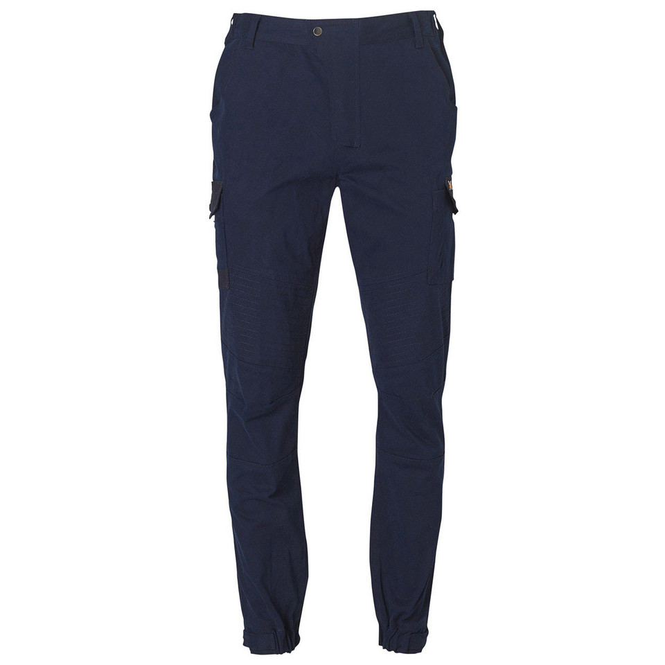 Navy blue men's stretch cargo work pants with side cargo pockets and elasticated cuffed ankles