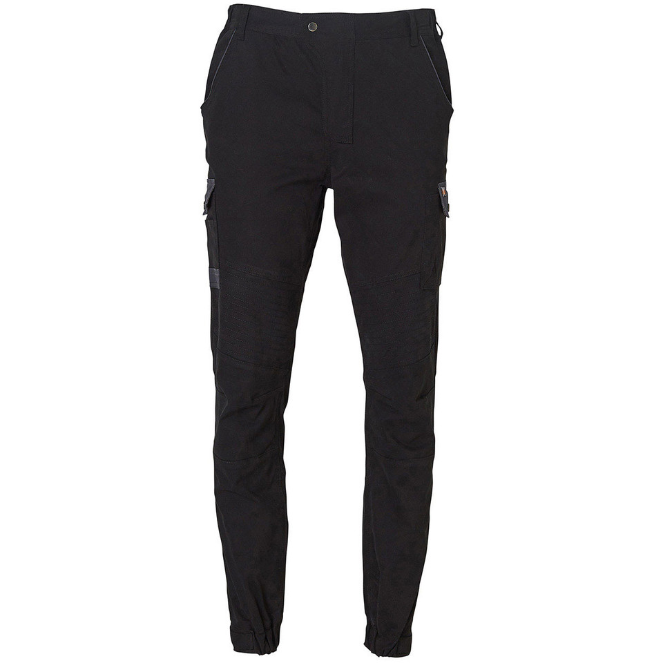 Black men's stretch cargo work pants with zip pockets, cargo panels, and elasticated cuffed ankles