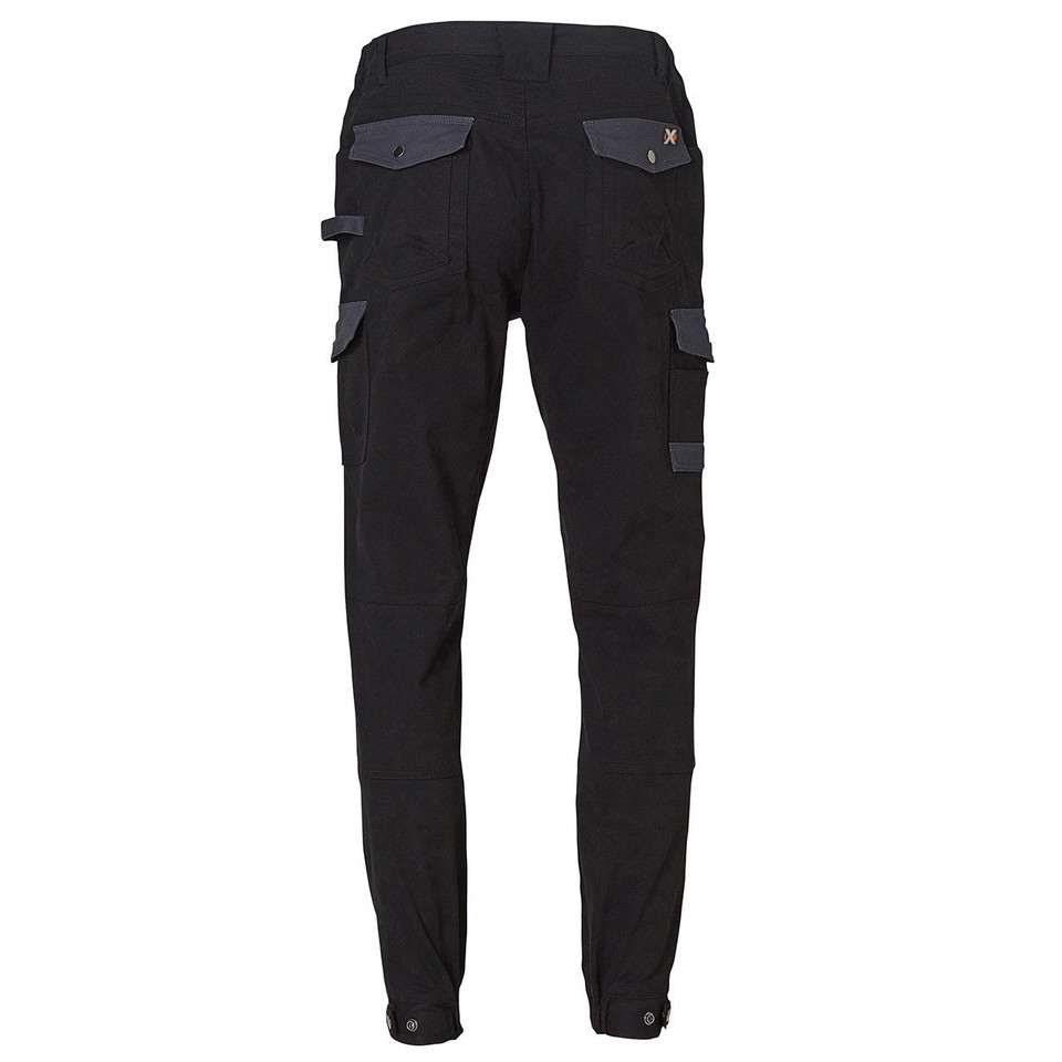 Black stretch cargo work pants rear view with charcoal contrast pockets, side cargo pockets and adjustable ankle cuffs