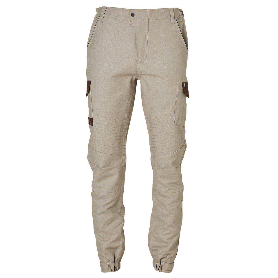 Sand stretch cargo work pants with brown contrast pockets, ribbed knee panels and elasticated cuffs