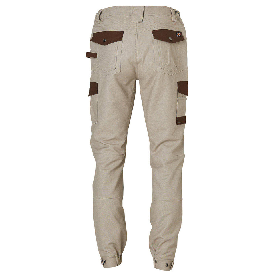 Stone cargo work pants with brown contrast pocket flaps and reinforcement panels, adjustable ankle cuffs