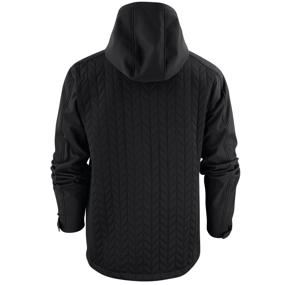 Black softshell jacket with quilted chevron panel on back and hood, water-repellent finish