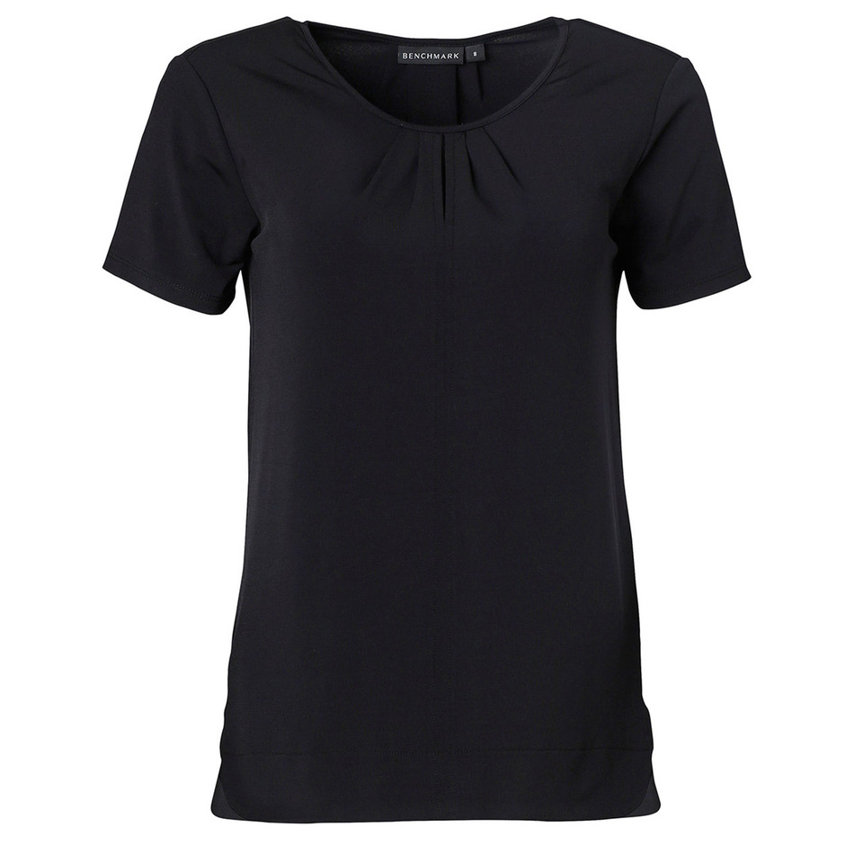 Black ladies short sleeve top with gathered front pleat detail at neckline