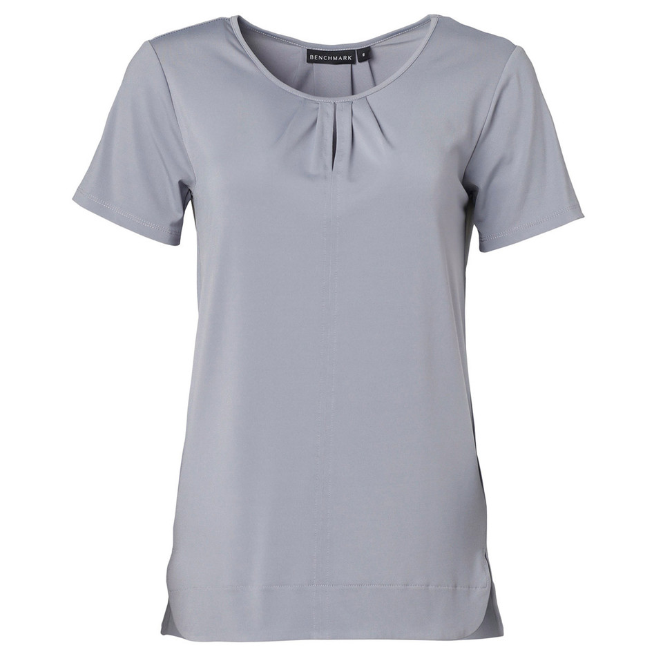 Light grey short sleeve top with pleated neckline detail and curved hem