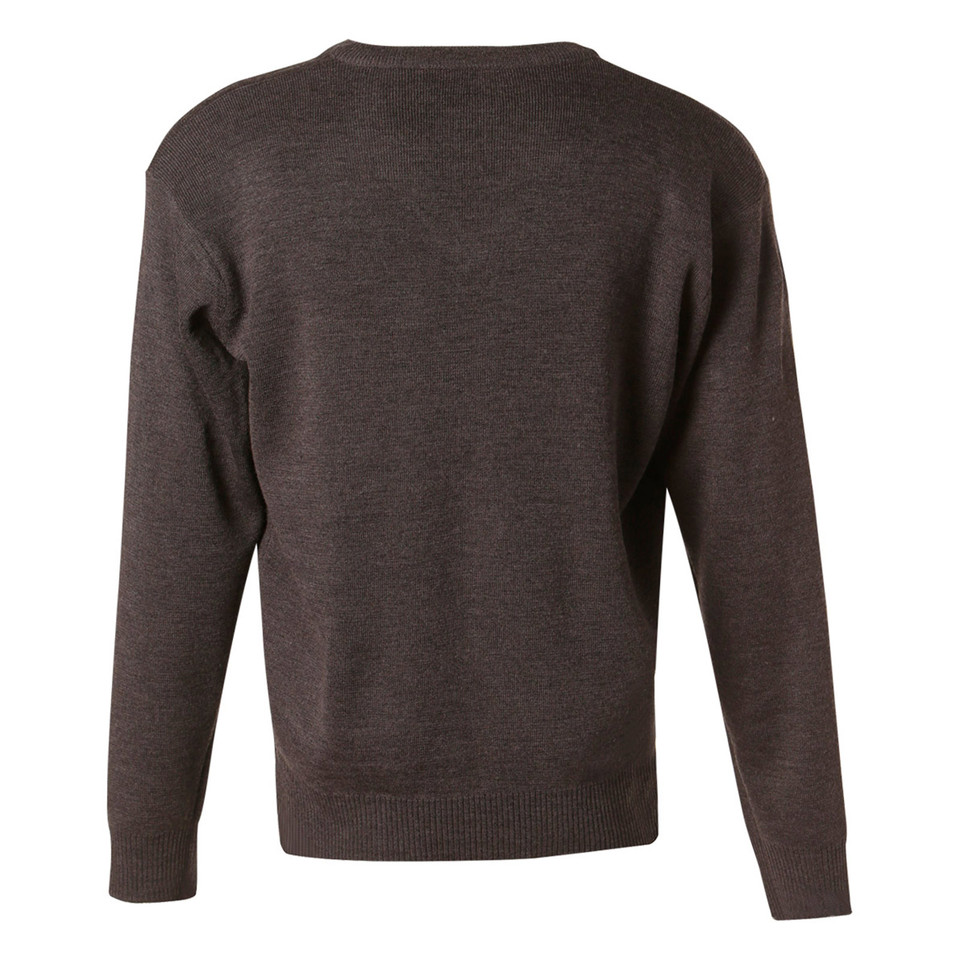 Charcoal marle v-neck knit jumper rear view showing ribbed hem and cuffs with long sleeves