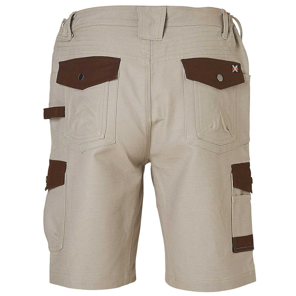 Sand cotton canvas cargo shorts rear view with brown contrast pockets, belt loops, and side utility pockets