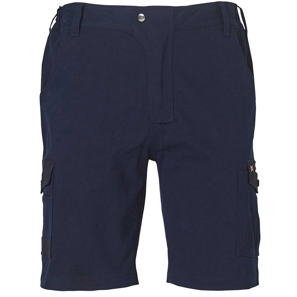 Navy blue men's cotton canvas cargo shorts with black contrast side pockets and metal snap button waist
