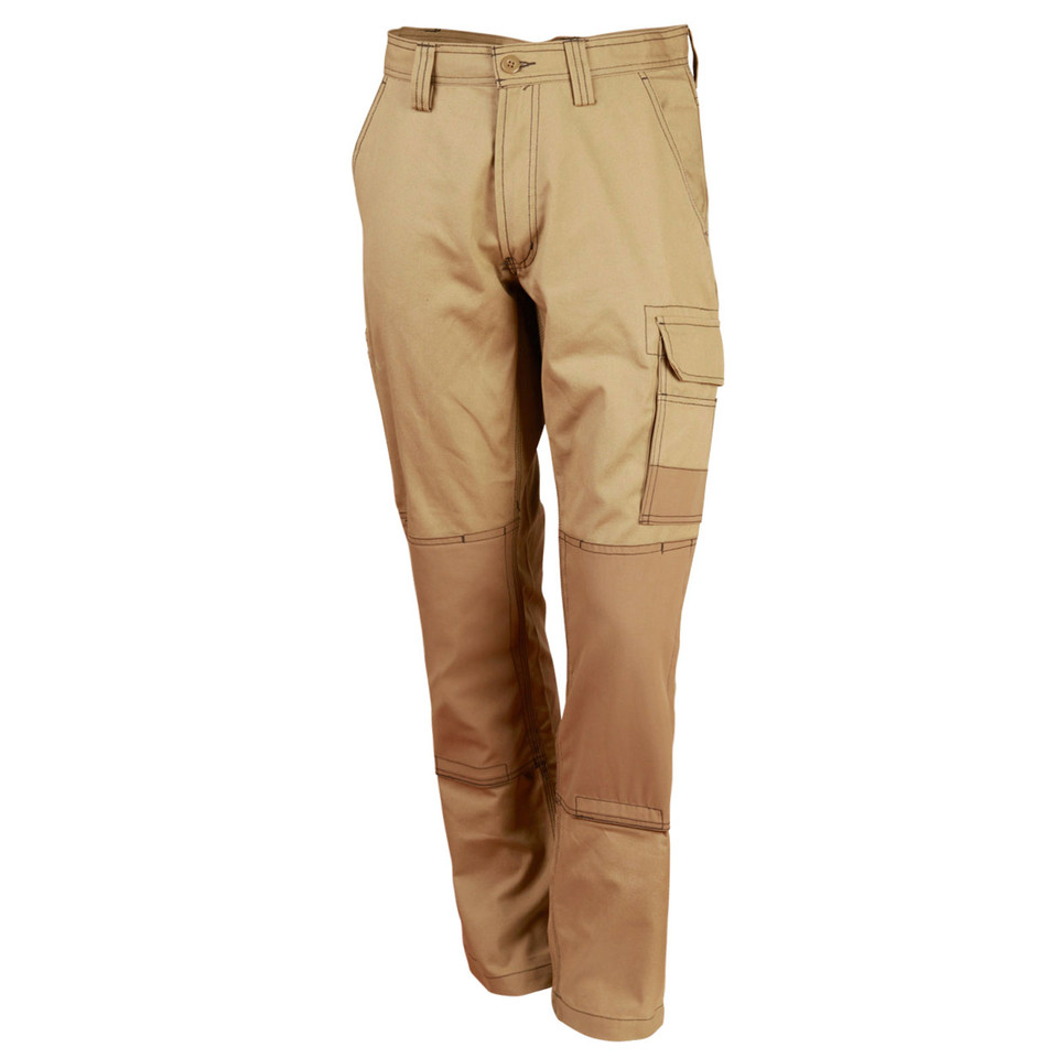 Khaki cotton canvas cargo pants with flap side pocket and contrast knee panels