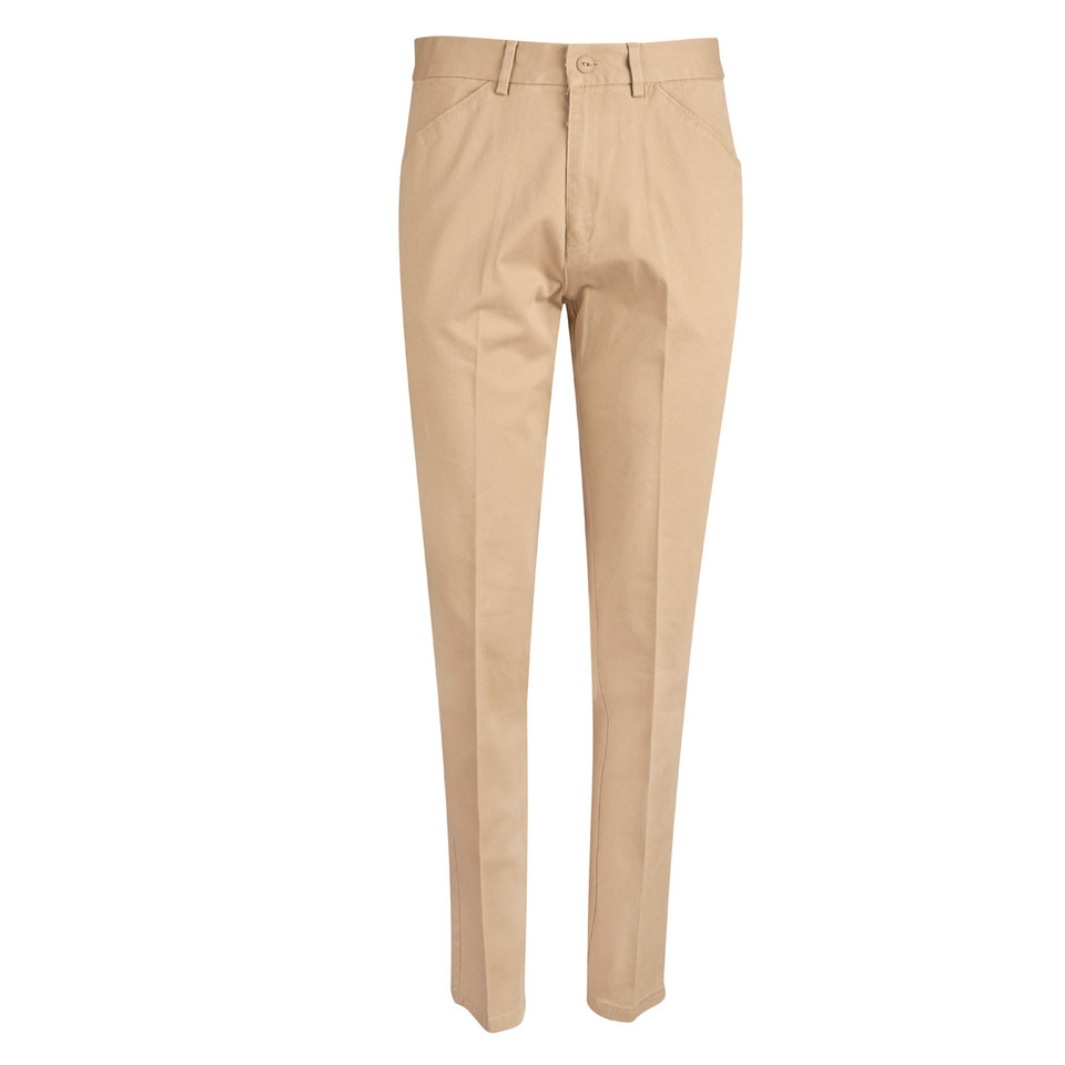 Beige ladies slim fit chino pants with front crease detail and belt loops