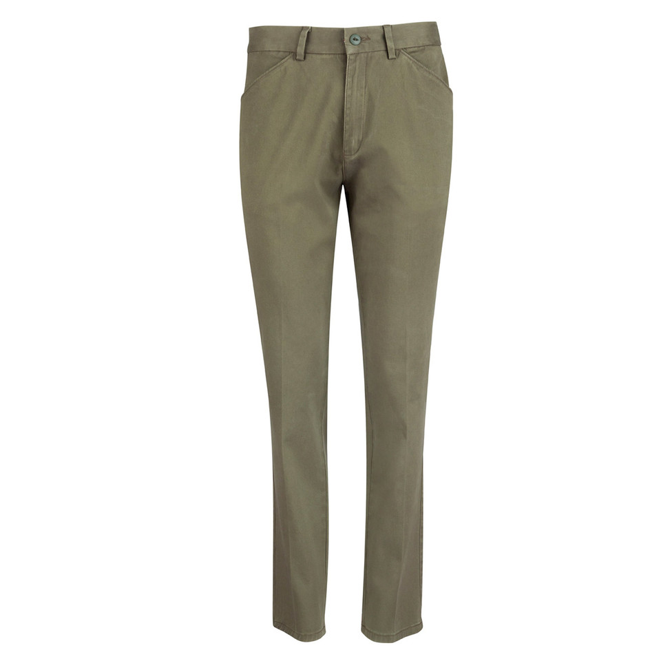 Olive green ladies slim fit chino pants with button closure and front pockets