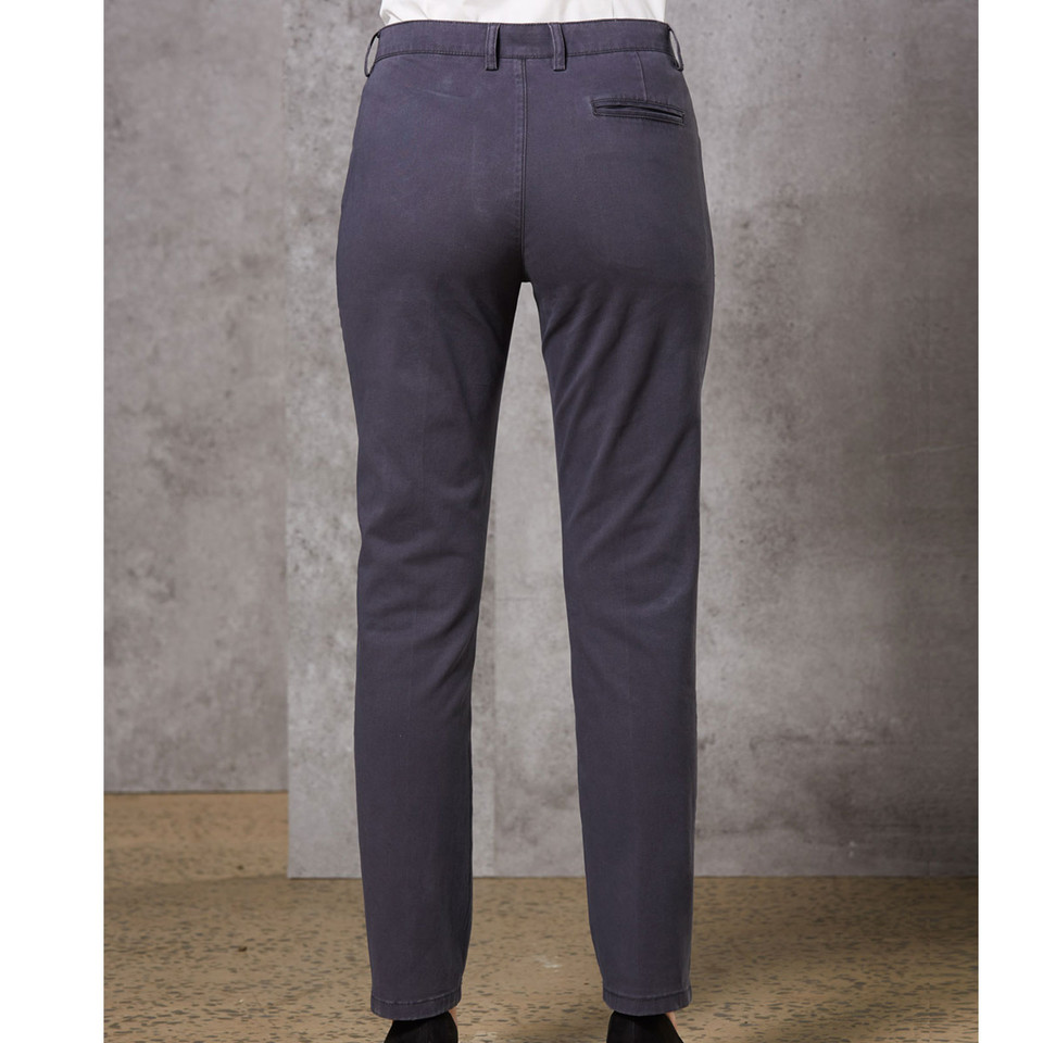 Charcoal grey ladies slim fit chino pants shown from back with belt loops and welt pocket