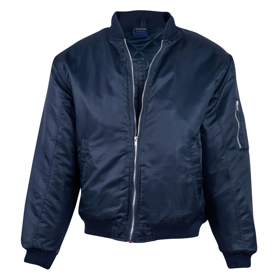 Navy Plain FLY Bluey nylon soft shell jacket with quilted padded lining, featuring a concealed hood, showerproof finish, and UV 50+ protection for outdoor workwear.