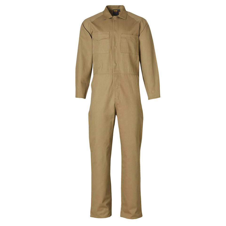 Khaki cotton drill coverall with chest pockets, front zipper closure and long sleeves