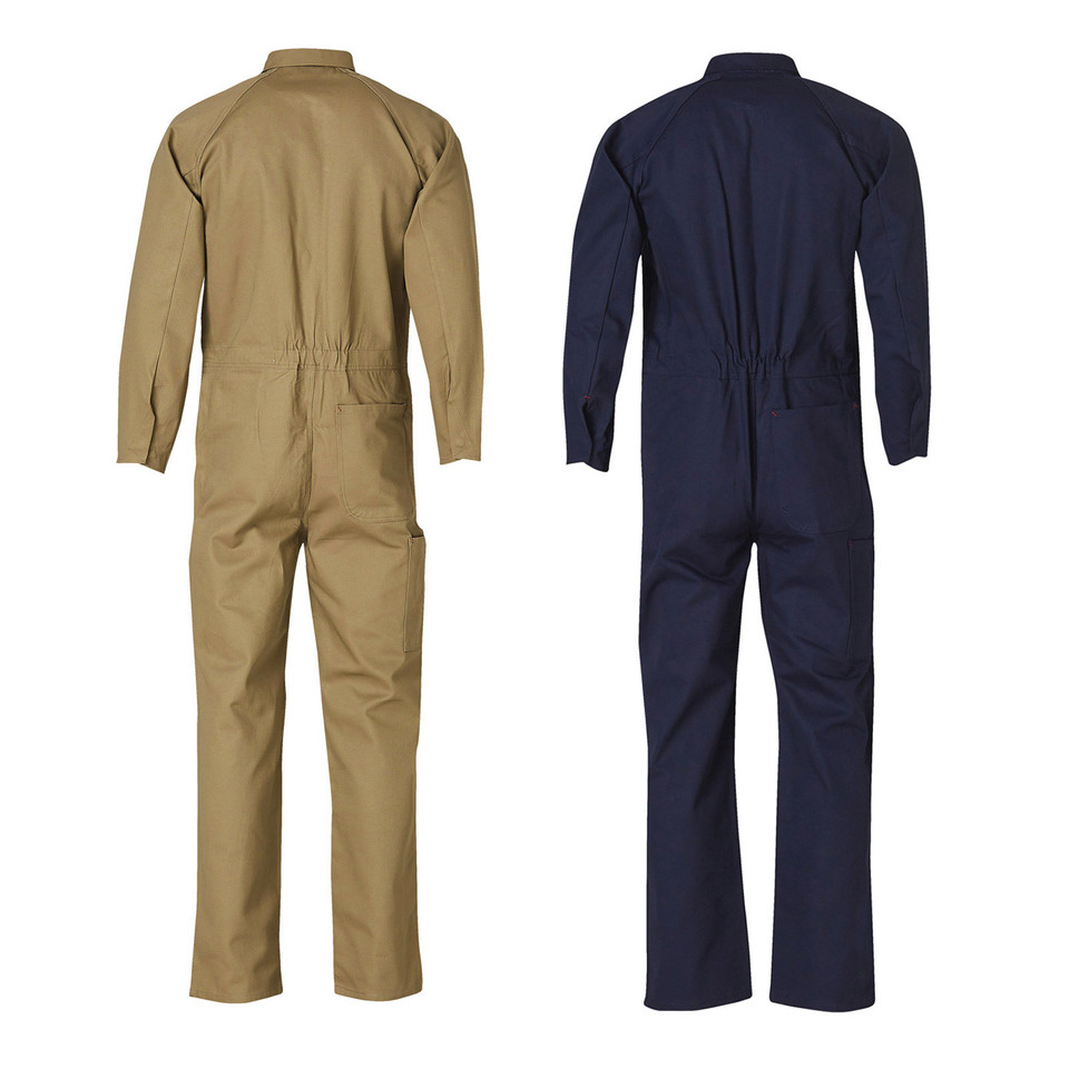 Khaki and navy cotton drill coveralls with collar and long sleeves shown from back view