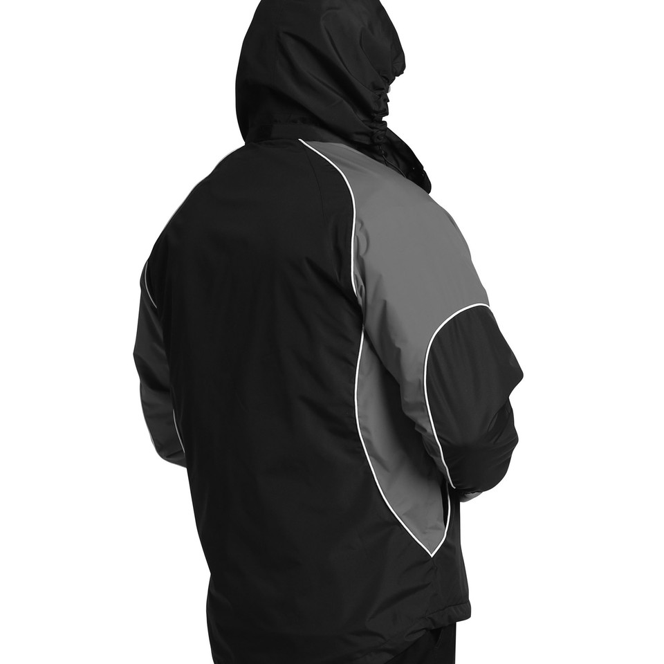 Black and charcoal grey hooded jacket with white contrast piping along shoulder and sleeve panels
