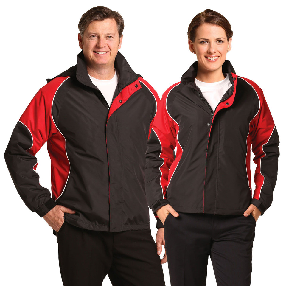 Charcoal jacket with red contrast panels and white piping on shoulders and sleeves