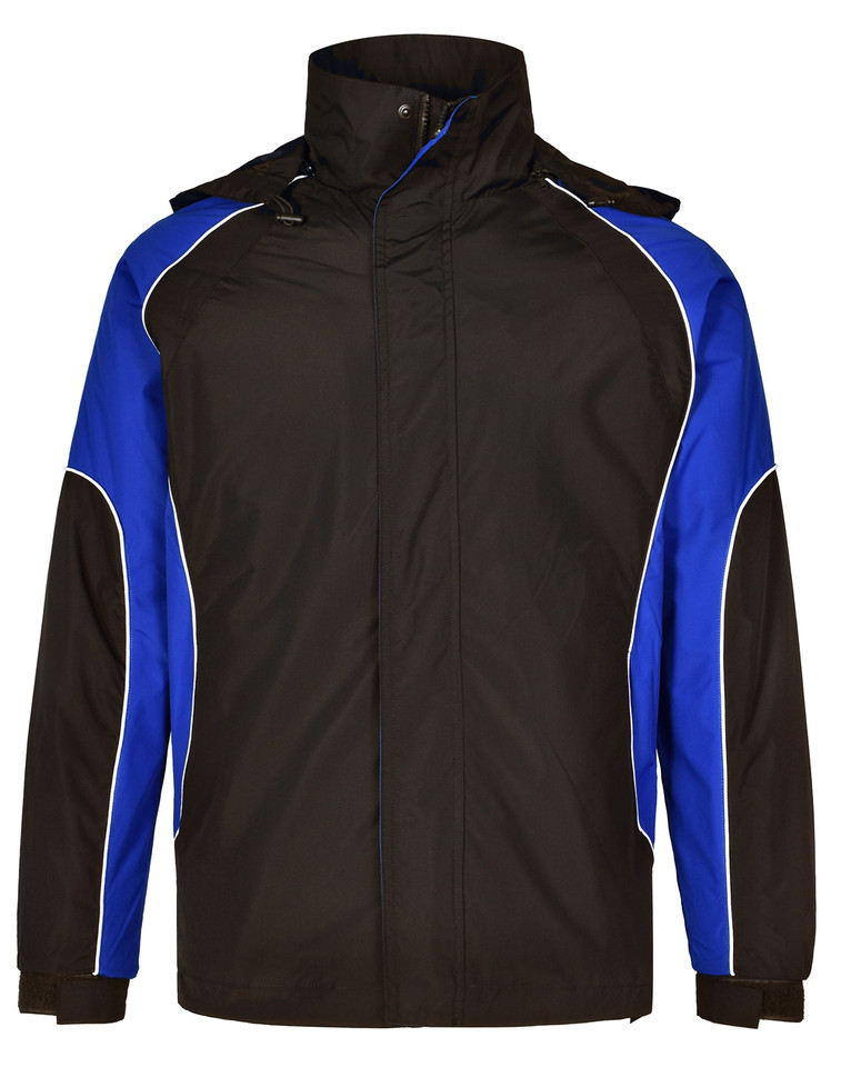 Black water-resistant jacket with royal blue contrast panels and white piping detail, featuring removable hood