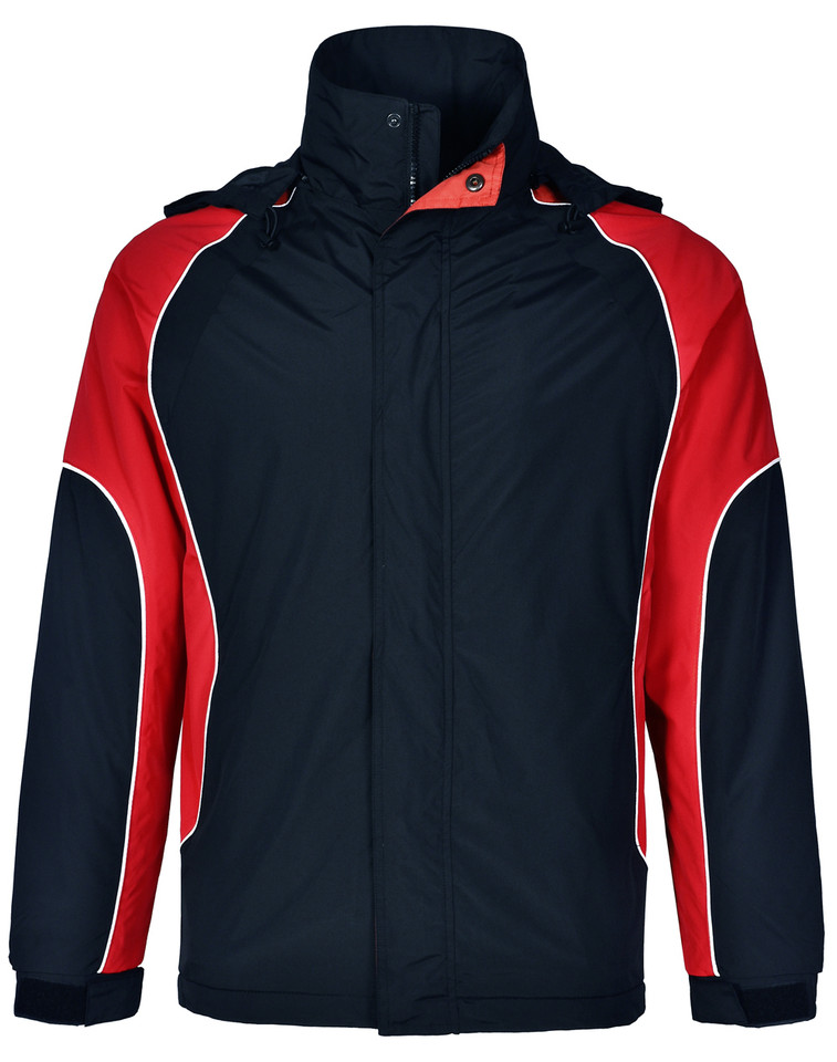 Navy water-resistant jacket with red shoulder panels and white piping detail, featuring high collar and front zip