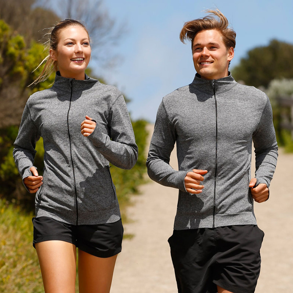 Grey marle unisex sports jackets with full zip front and charcoal contrast panels at shoulders and collar