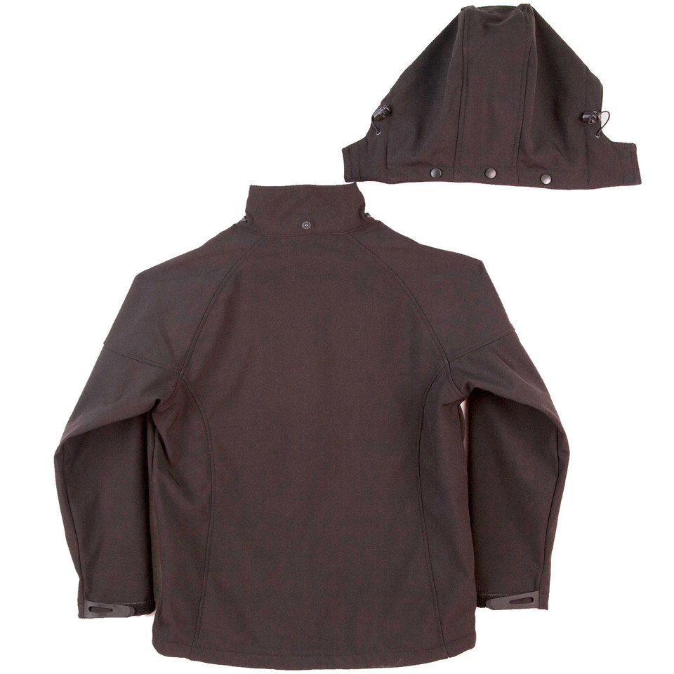 Dark brown kids soft shell jacket shown from rear with detachable hood displayed separately, snap buttons and raglan seams visible