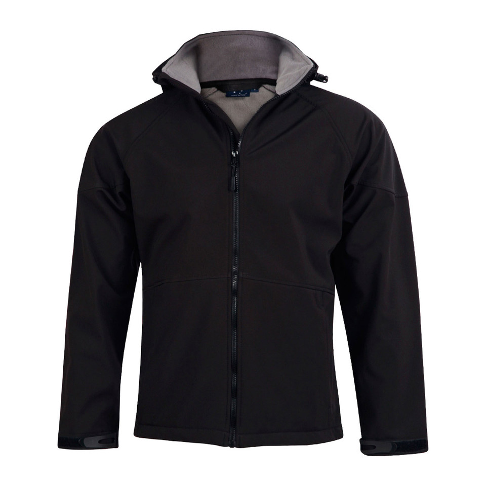 Black soft shell jacket with grey hood lining and full-length zipper featuring hooded design