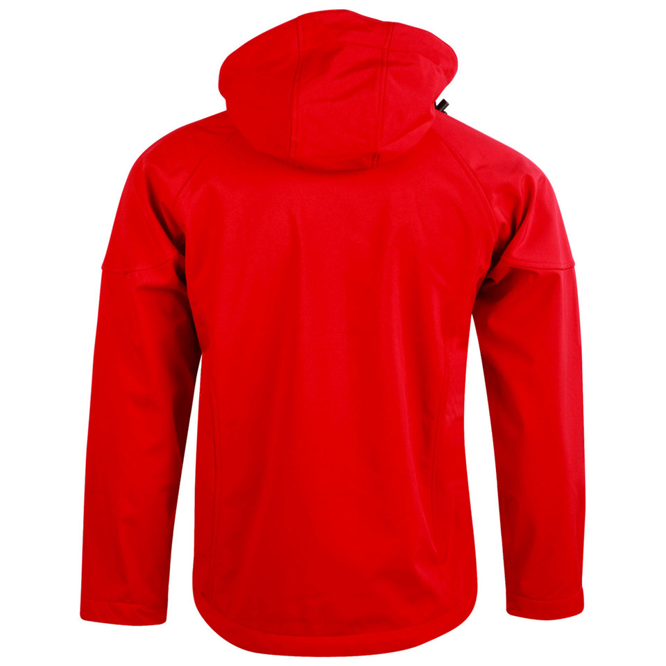 Back view of a true red kids unisex soft shell hooded jacket with raglan sleeves and structured hood