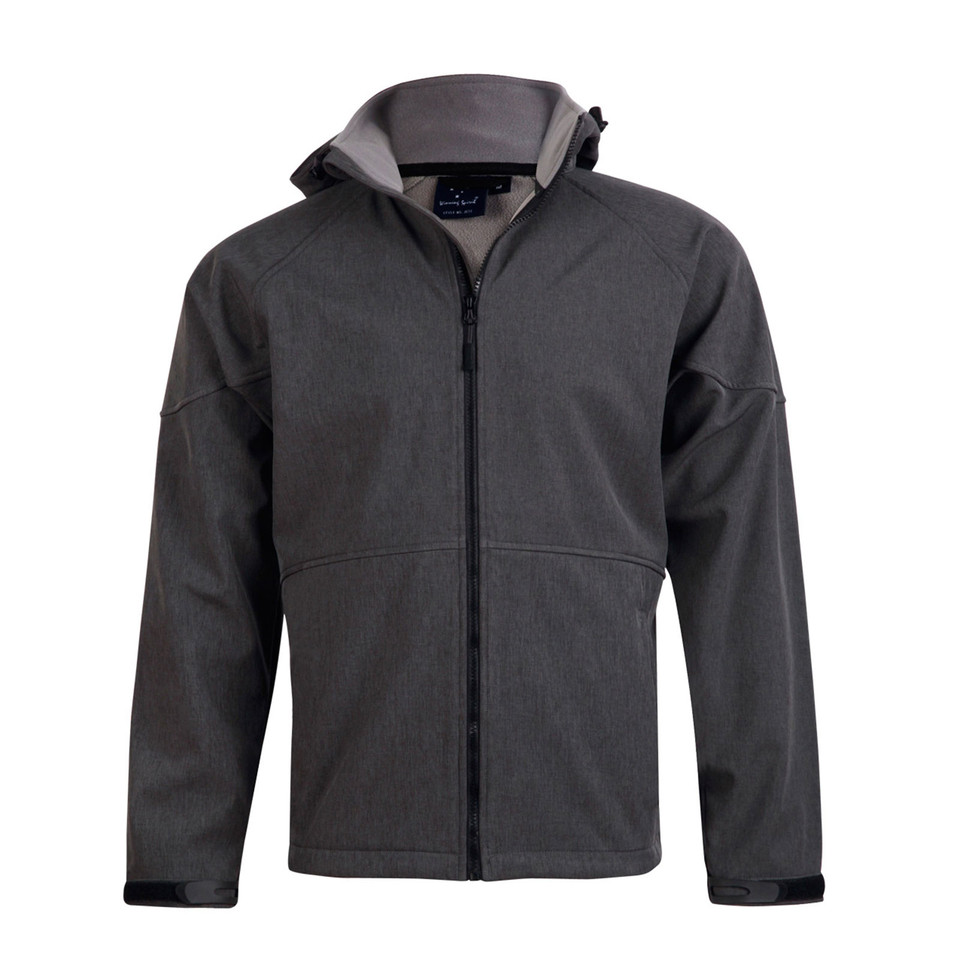 Charcoal grey soft shell hooded jacket with full zip front and grey contrast inner hood lining