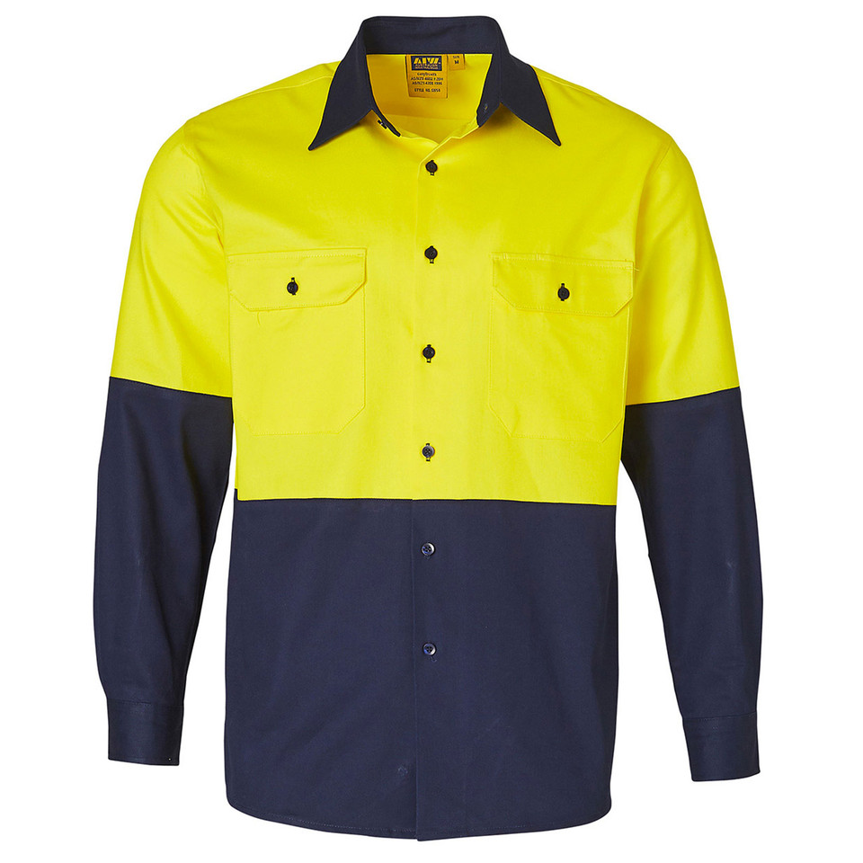 Yellow+Navy Joist men's Hi-Vis long sleeve safety shirt in cotton drill fabric, with reflective tape for construction and industrial workwear.