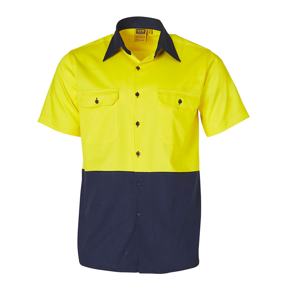 Hi-vis safety shirt with yellow upper panel, navy lower panel, charcoal collar and twin chest pockets with button flaps