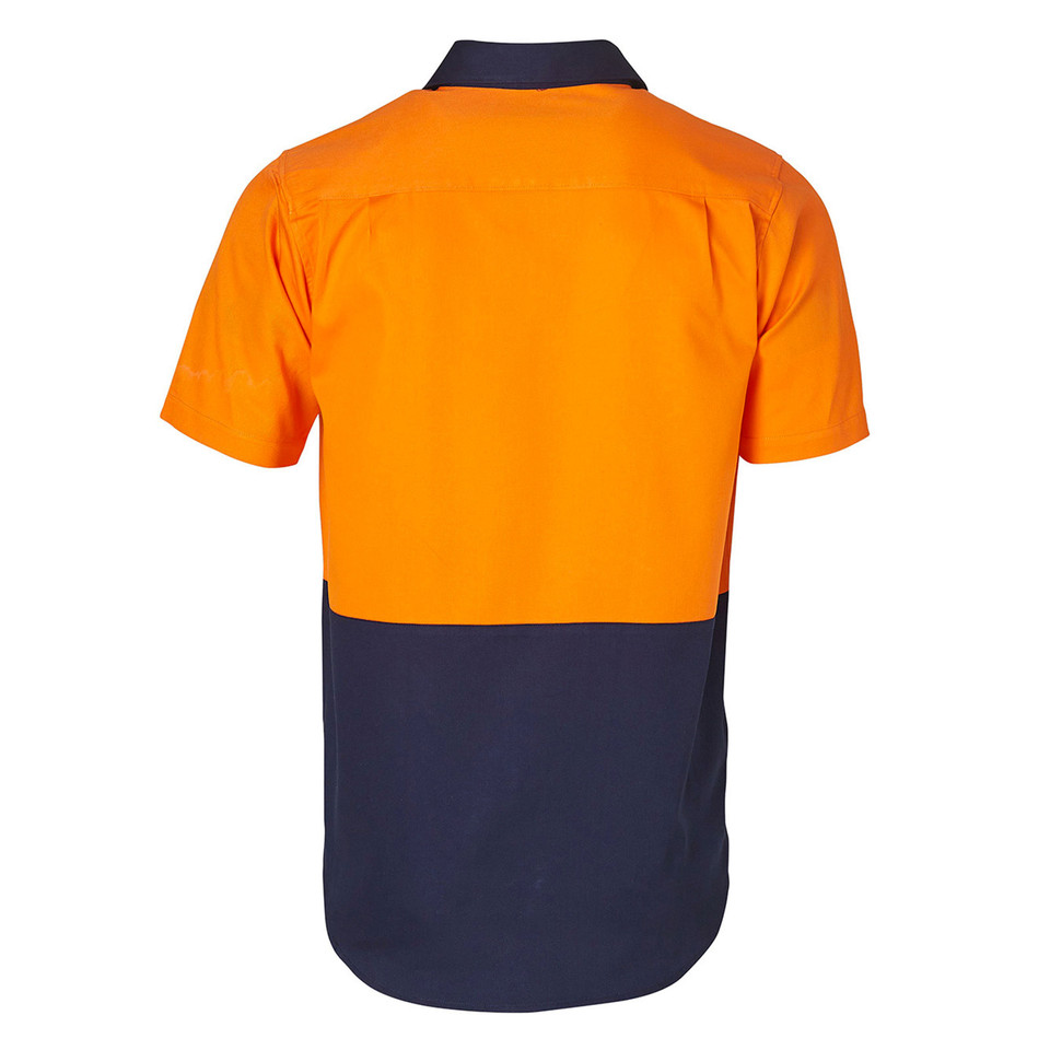 High-visibility orange and navy cotton drill work shirt with contrasting collar and colour-blocked design, back view