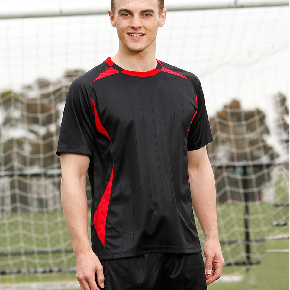 Black CoolDry soccer jersey with red contrast panels and crew neck worn by male model
