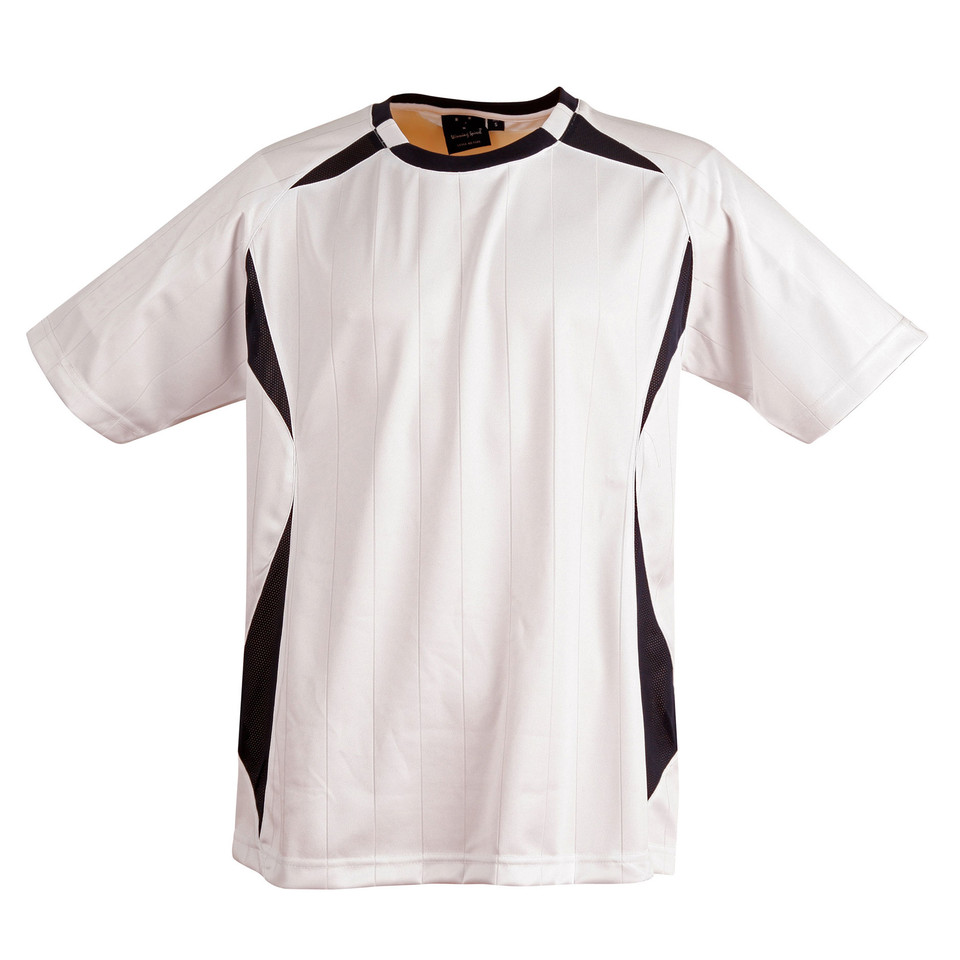 White sports jersey with black contrast panels on shoulders and sides, crew neck collar trim