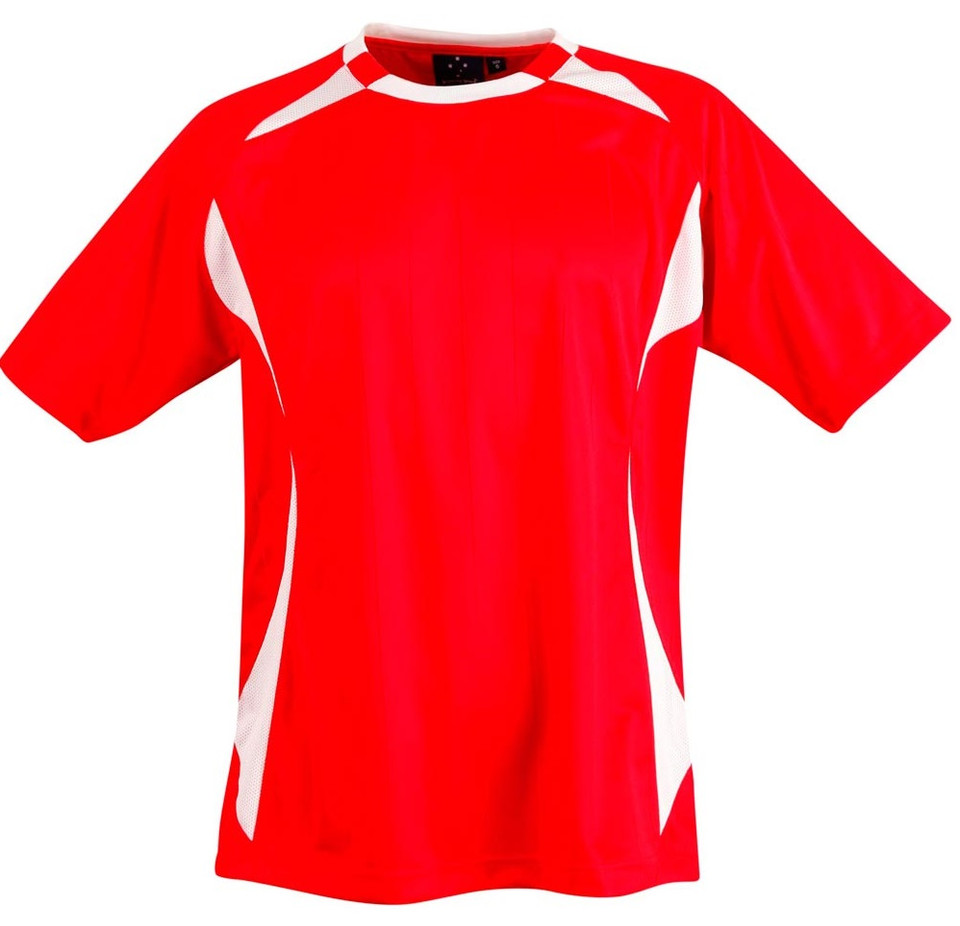 Red and white contrast panel short sleeve soccer jersey with curved side inserts and crew neck
