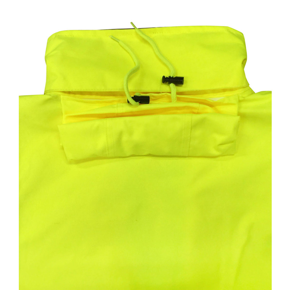 Hi-vis safety yellow long line jacket with hood, 3M reflective tape detail and toggle drawcord