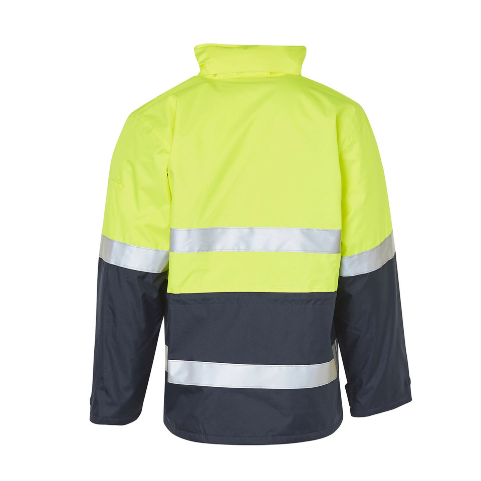 Fluoro yellow and navy two-tone hi-vis safety jacket rear view with dual 3M reflective tape bands