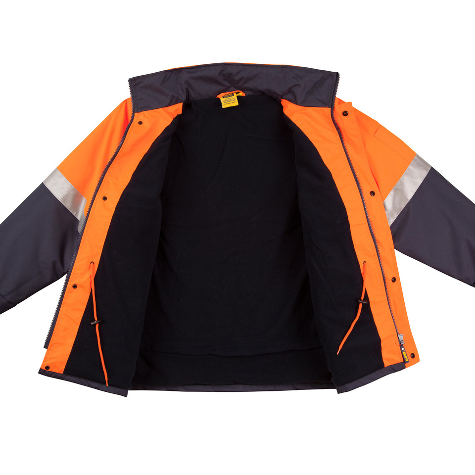 Open hi-vis safety jacket with orange upper panels, charcoal lower sleeves, silver reflective tape, and black lining