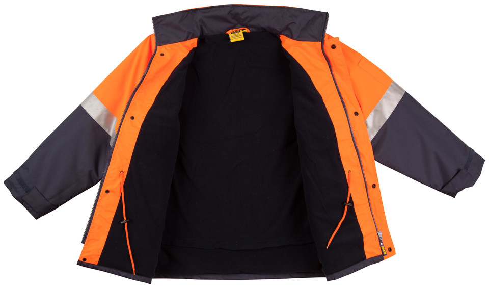 Open fluorescent orange and charcoal safety jacket with black quilted lining and silver reflective tape across chest and arms