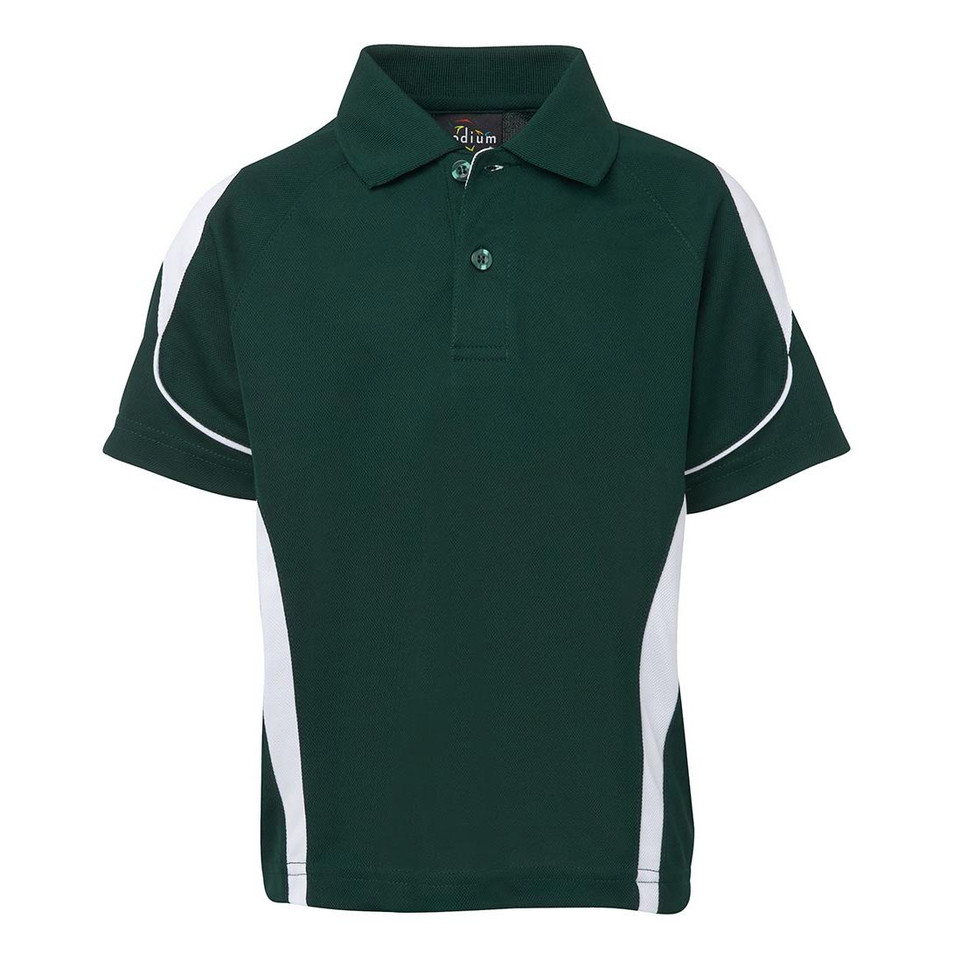 Forest green kids polo shirt with white contrast panels and piping detail on sleeves
